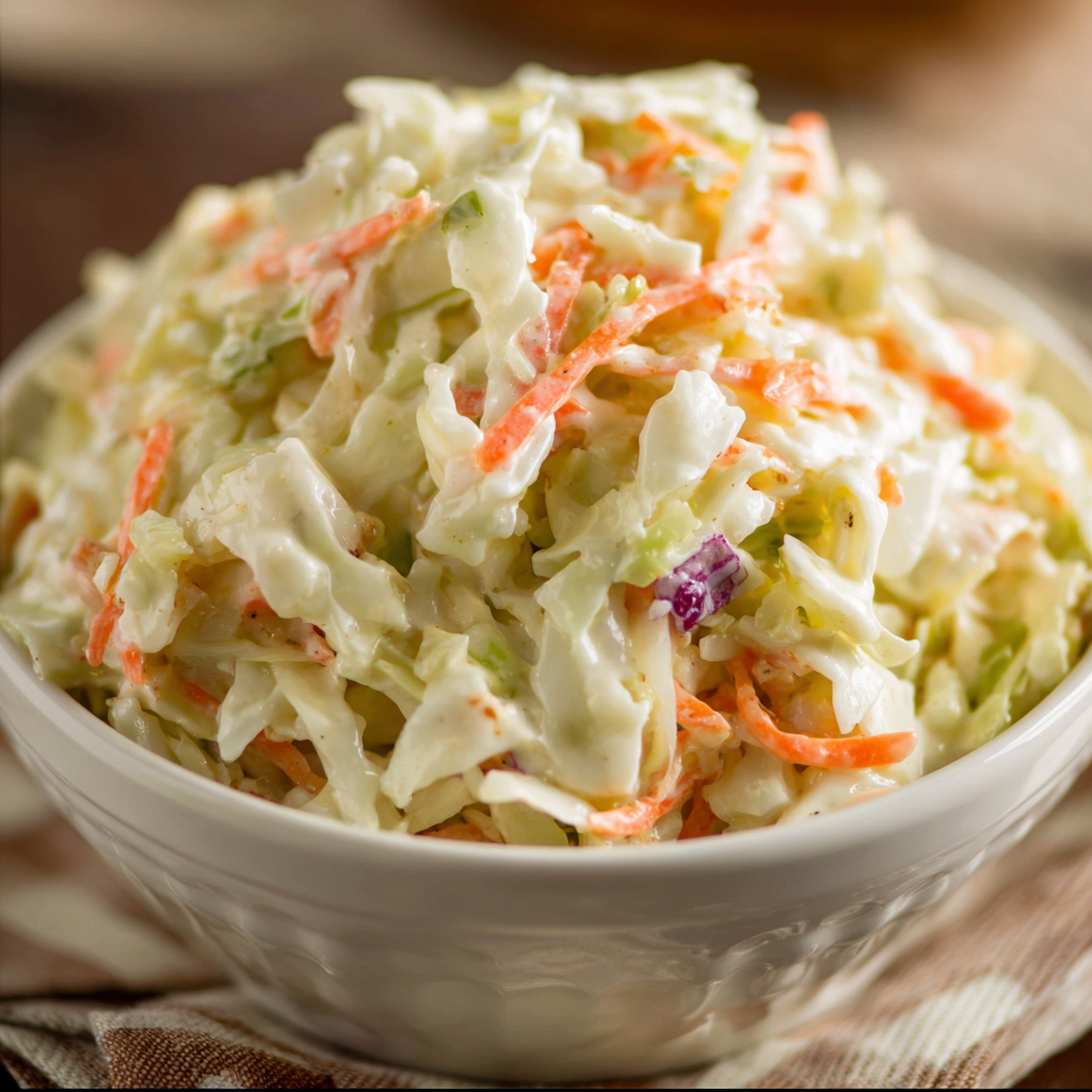 A large bowl filled with a delicious coleslaw recipe.