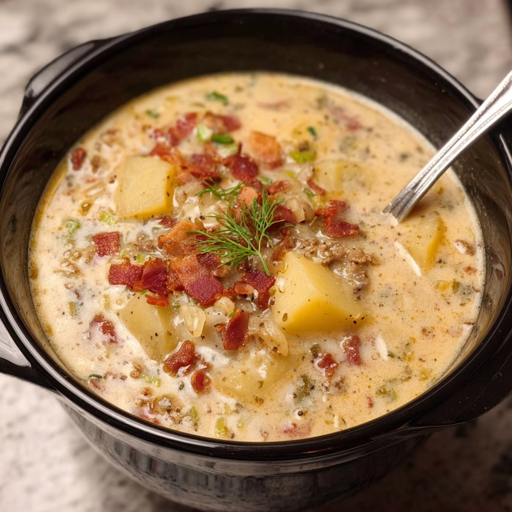 A bowl of Creamy Potato Bacon Soup is filled with a delicious mixture of potatoes, bacon, and cream.