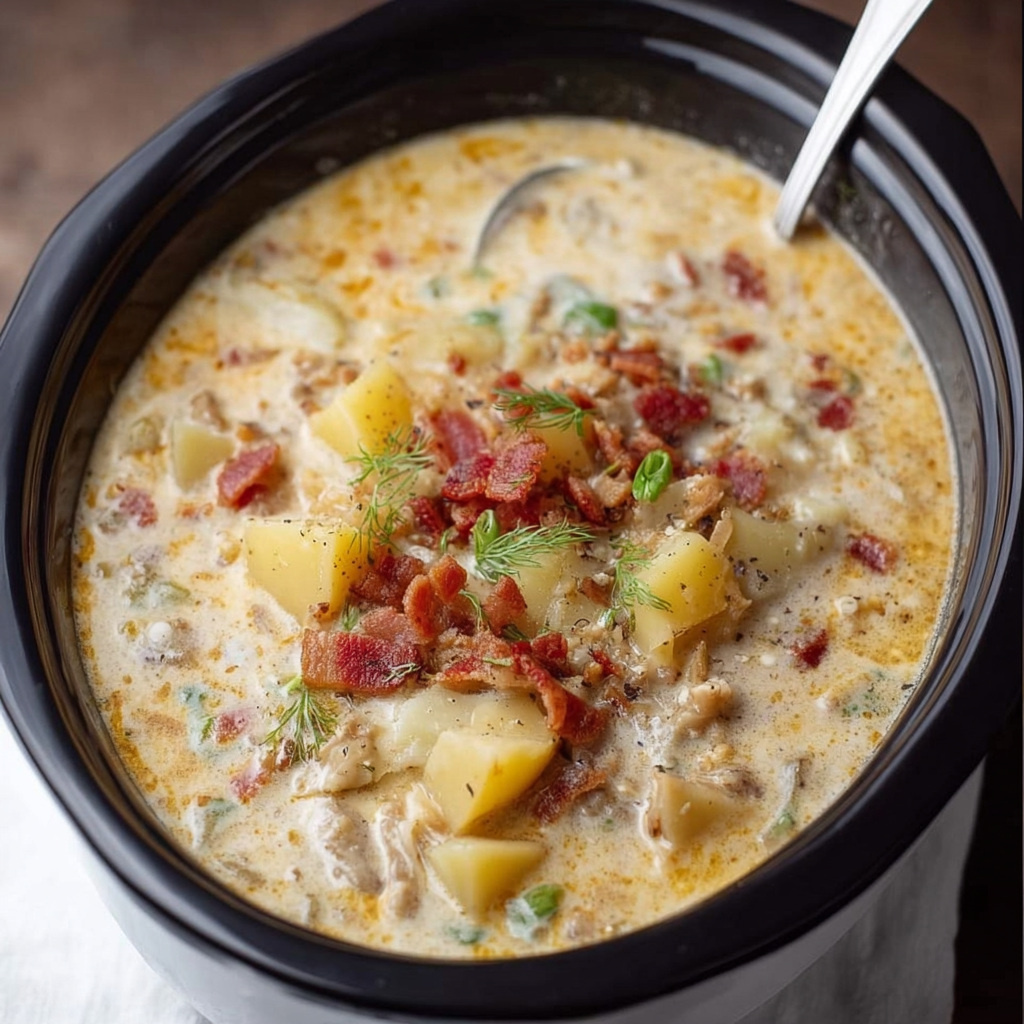 A bowl of soup with bacon and potatoes, served in a black bowl.