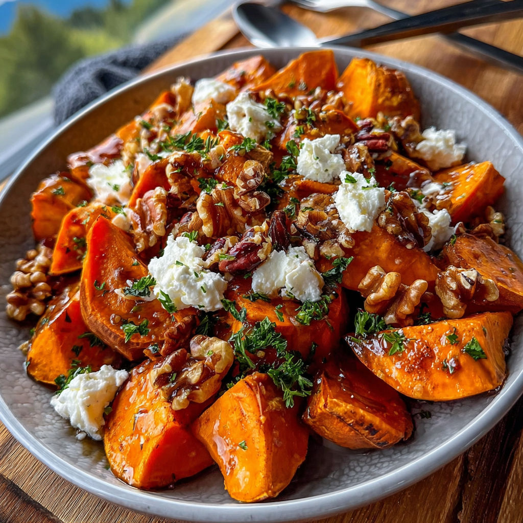 A plate of roasted sweet potatoes with cheese and herbs on top.