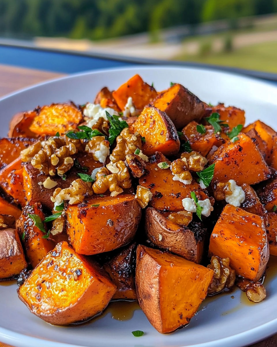A plate of roasted sweet potatoes with cheese and nuts on top.