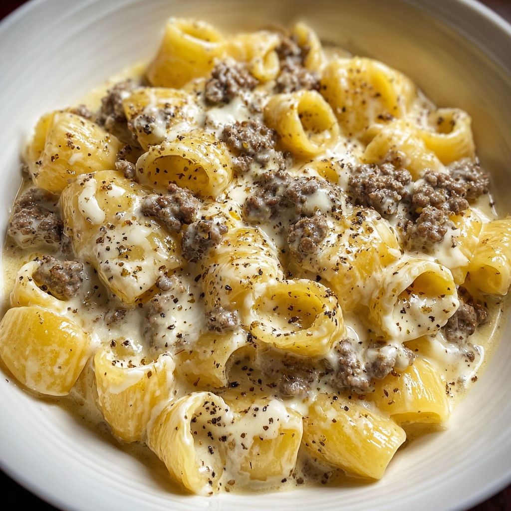 A bowl of pasta with meat and cheese, possibly a macaroni and cheese dish.
