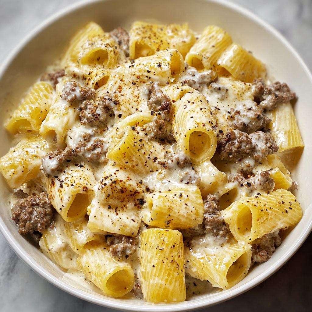A bowl of pasta with meat and cheese, possibly a dish called "Meatballs and Penne".
