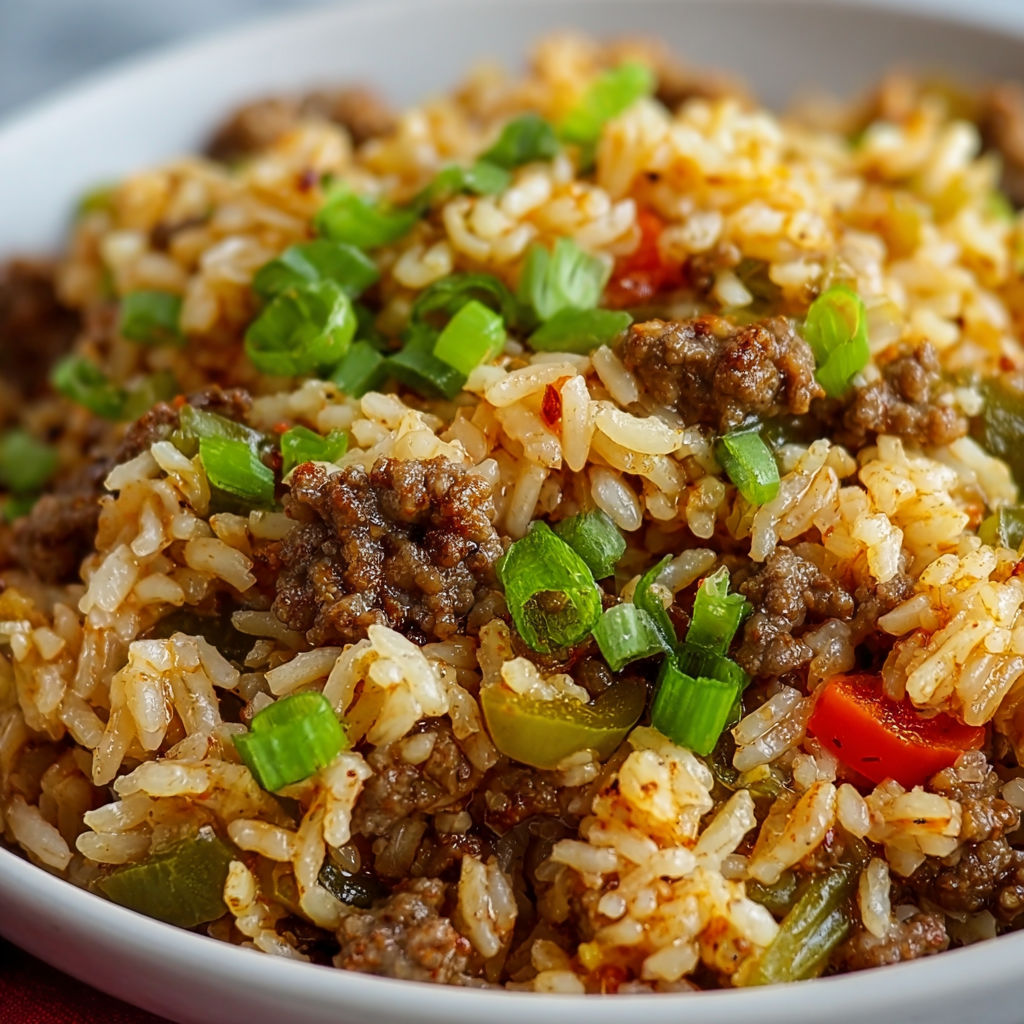 A bowl of rice and meat, possibly beef and peppers, with green onions on top.