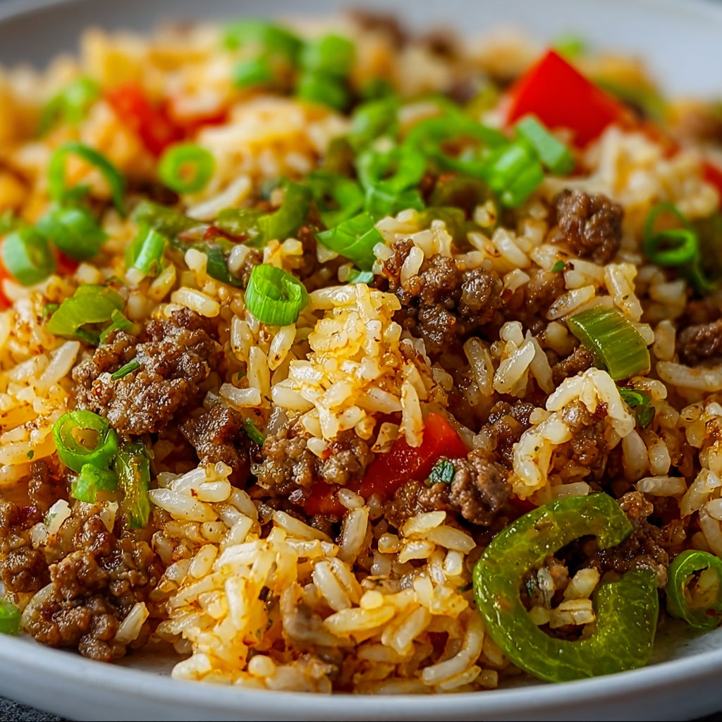 A bowl of rice and meat with green onions and peppers.