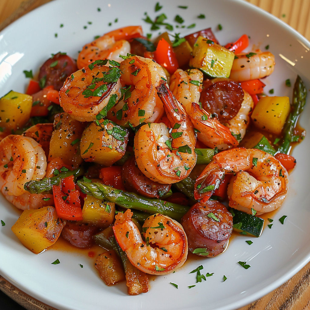 A delicious Shrimp and Sausage Veggie Skillet is served on a white plate.