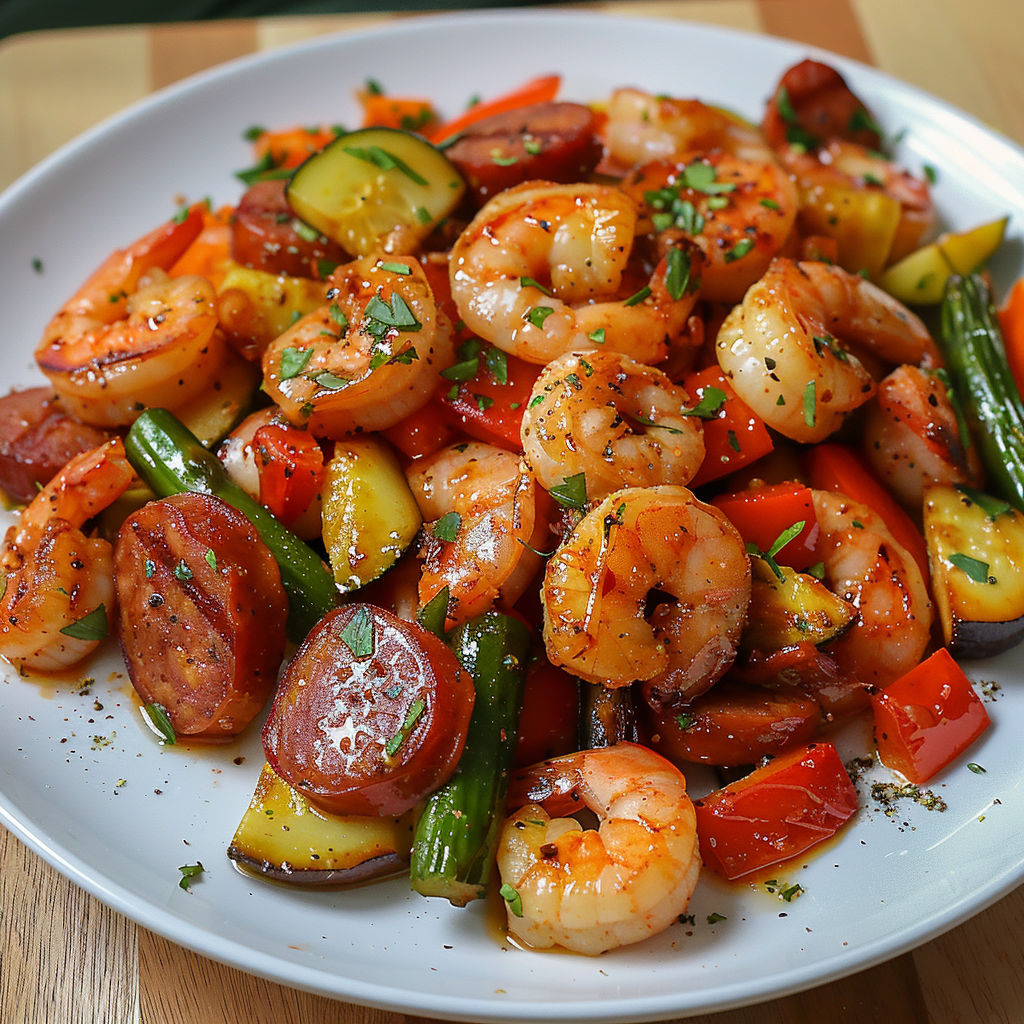 A white plate filled with a variety of shrimp and vegetables, including carrots, zucchini, and peppers.