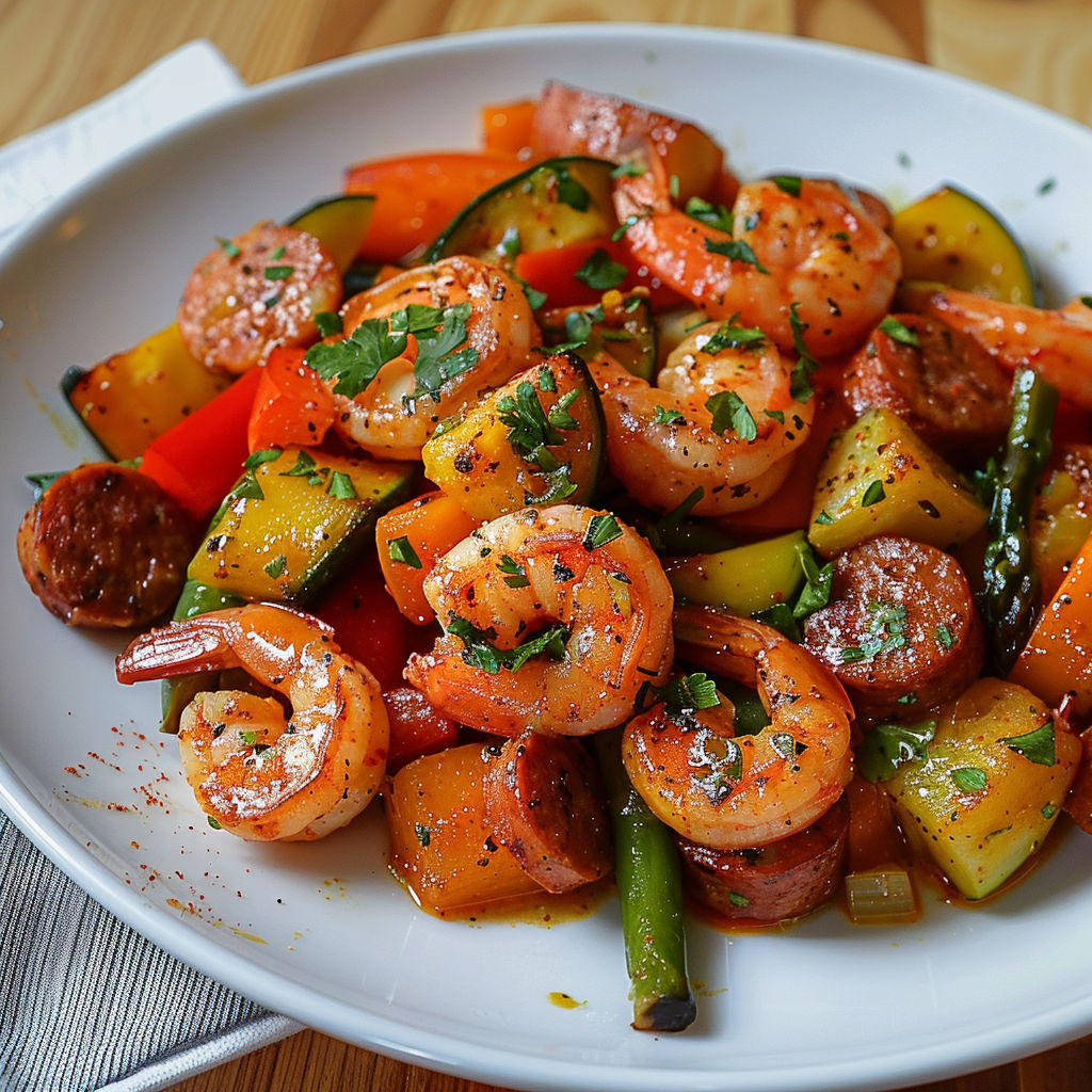 A white plate filled with a variety of vegetables and shrimp, including carrots, zucchini, and green beans.