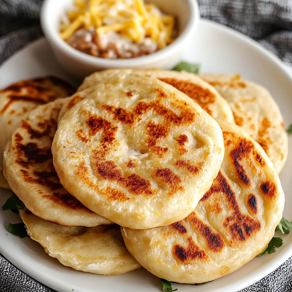 A plate of homemade pupusas with a side of beans.