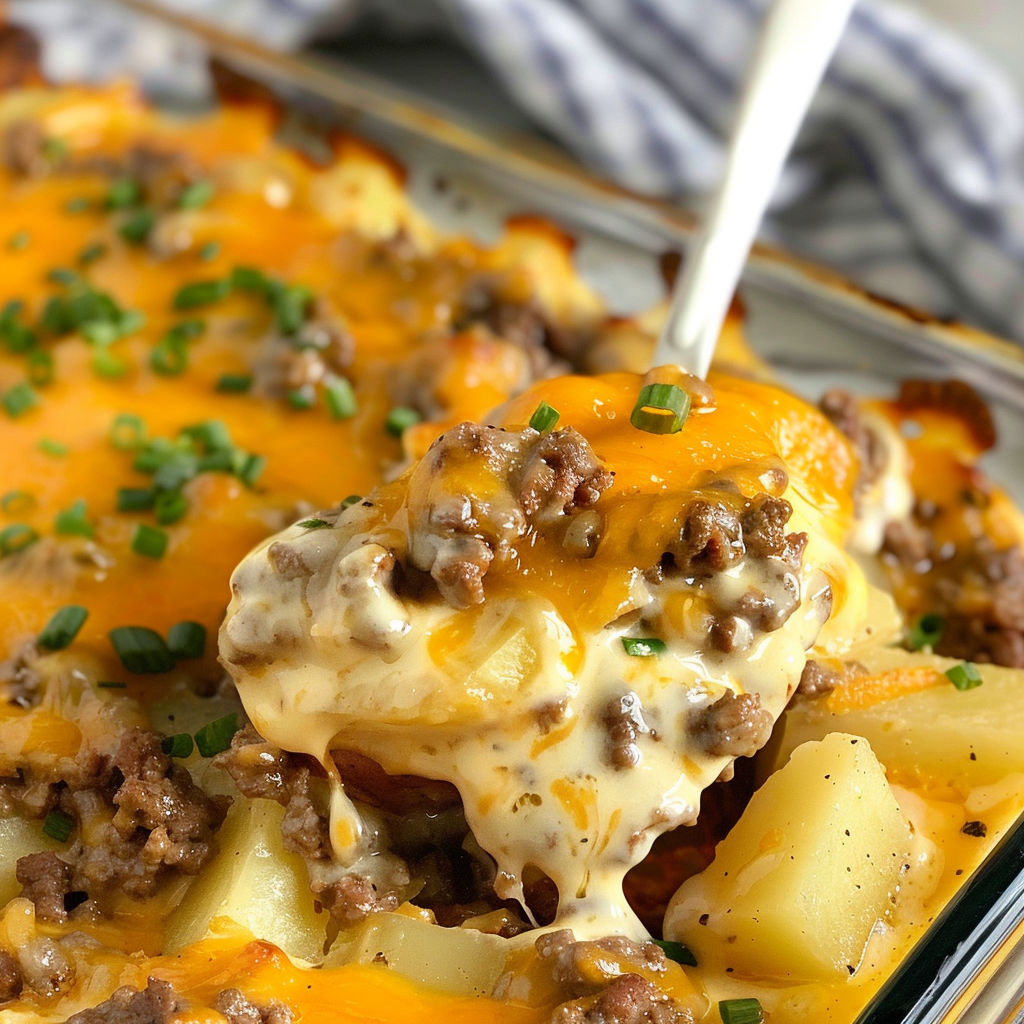 A close up of a delicious ground beef casserole with potatoes, cheese, and herbs.