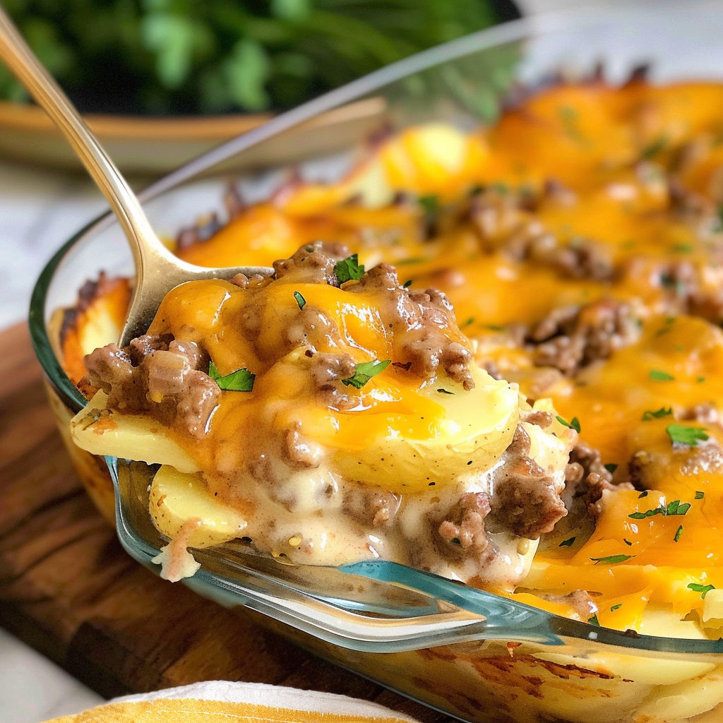 A delicious casserole dish filled with meat and cheese, ready to be served.