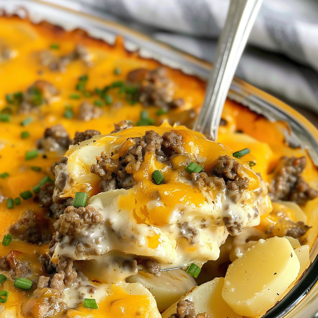 A delicious casserole with meat, cheese, and potatoes, served in a glass dish.
