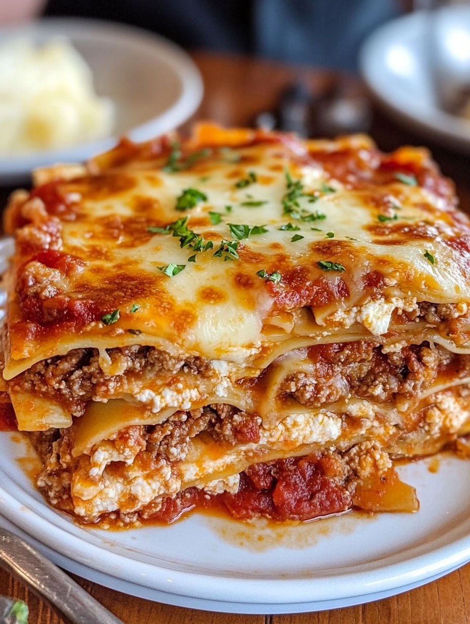 A delicious Million Dollar Italian Lasagna is served on a white plate.