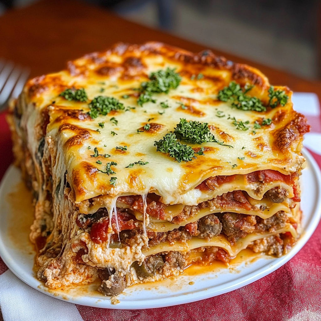 A delicious Million Dollar Italian Lasagna is served on a white plate.