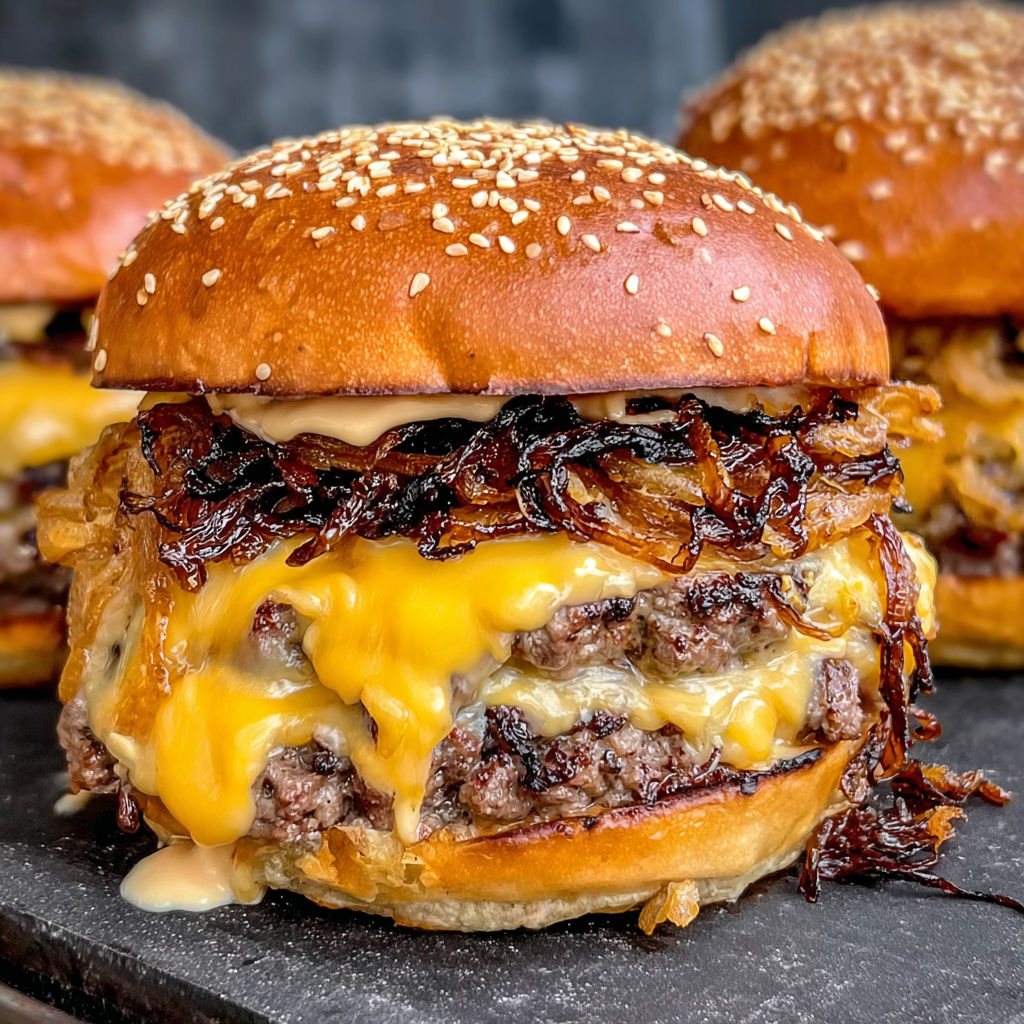 Two delicious double smash burgers with cheese and bacon, ready to be devoured.