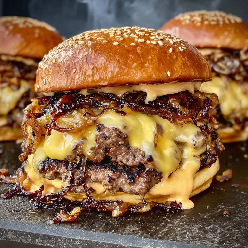 A close-up of a delicious burger with onions and cheese, ready to be devoured.