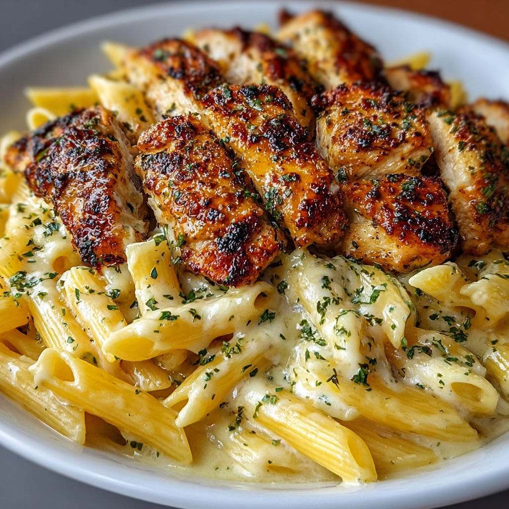 A plate of pasta with chicken and cheese on top.