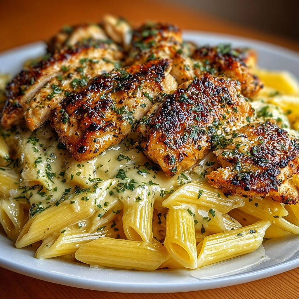 A plate of chicken and pasta with a generous amount of cheese and herbs.