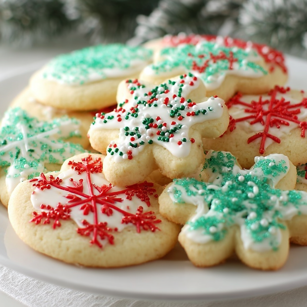 A plate of Christmas cookies with green and red frosting.