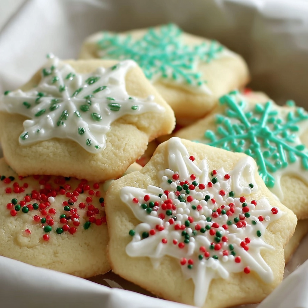 A white plate with a dozen green and white cookies with snowflakes on them.