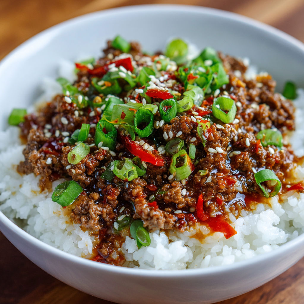 A bowl of rice with meat and vegetables, including peppers and onions, in a sauce.