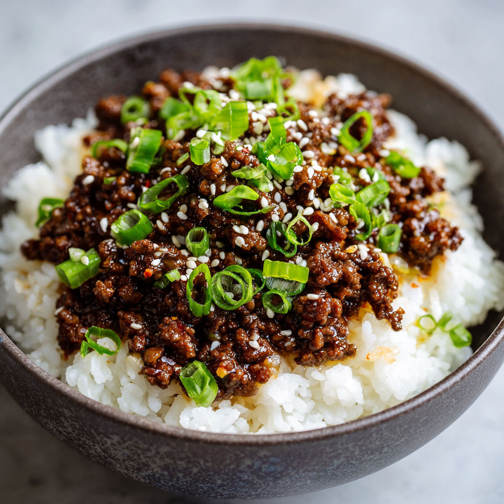 A bowl of rice with beef and vegetables, including green onions, is served in a grey bowl.