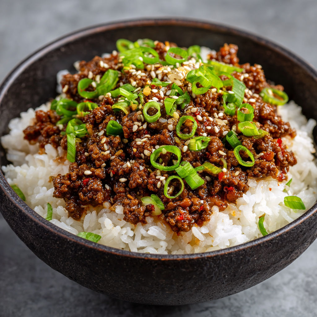A bowl of rice with meat and vegetables, including green onions and red peppers, is served in a black bowl.