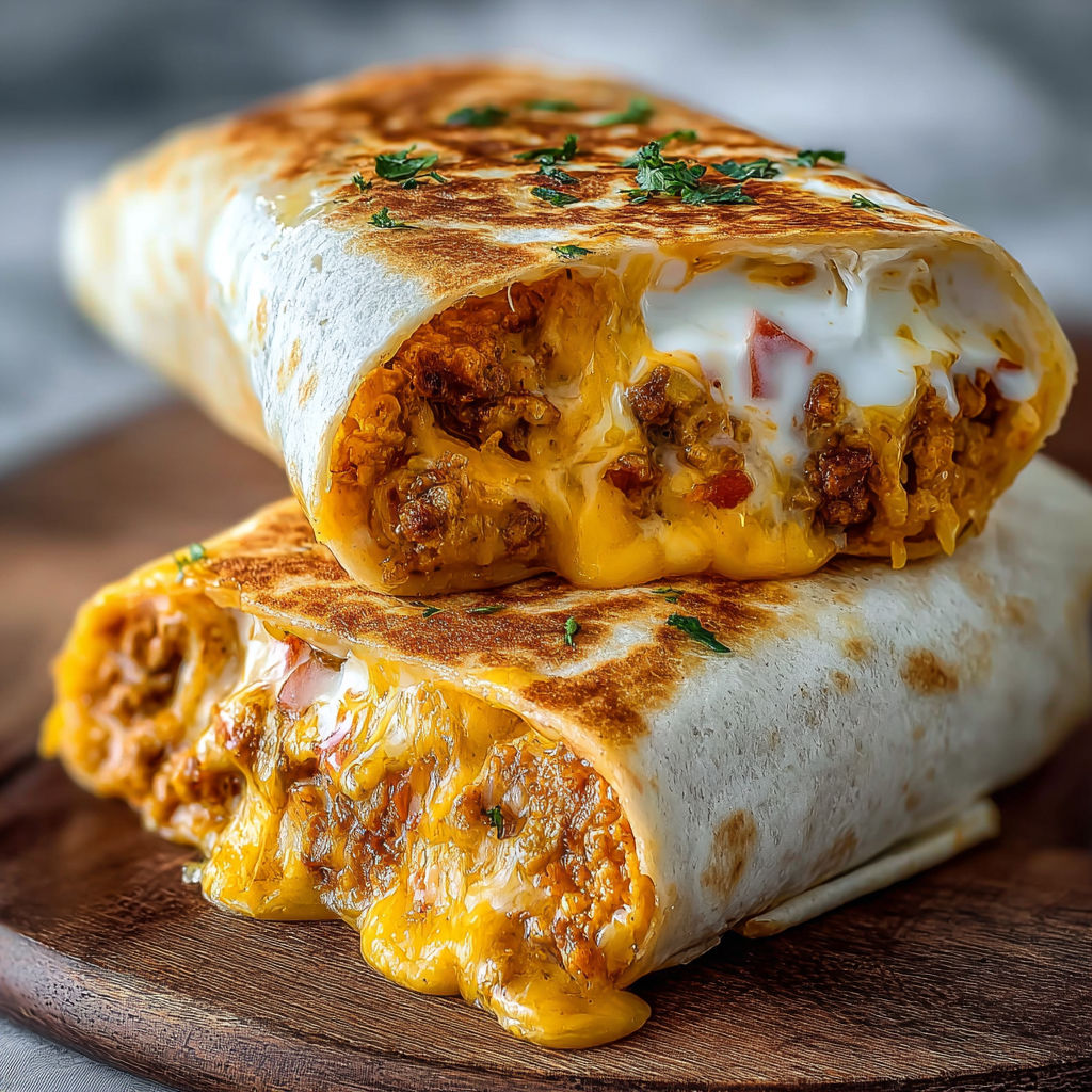A delicious burrito filled with cheese and meat, ready to be enjoyed.