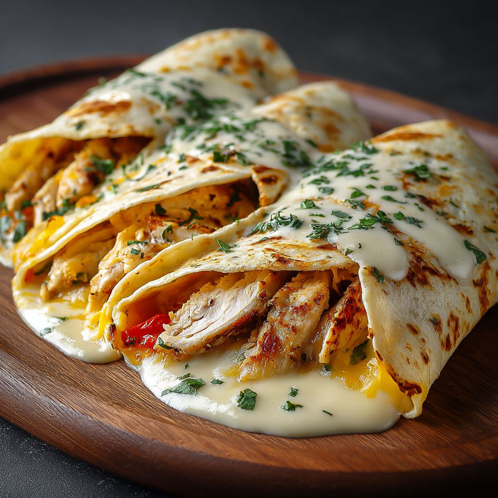 A delicious chicken enchilada is served on a wooden platter, drizzled with cheese and accompanied by a side of sour cream.
