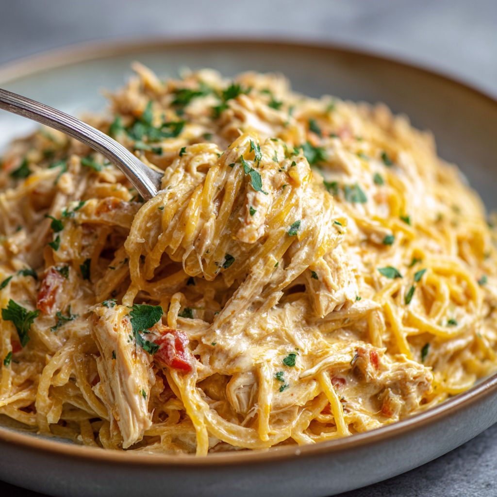 A bowl of chicken and noodle dish with a fork on top.