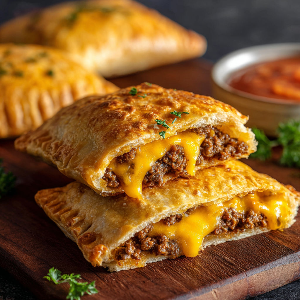 A delicious cheeseburger is served on a wooden platter with a side of dipping sauce.