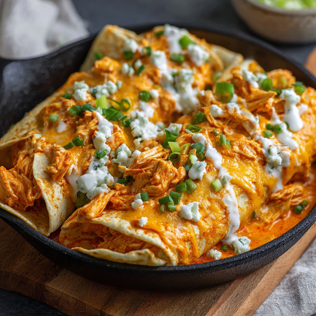 A delicious chicken enchilada is served in a black pan, topped with white cheese and green onions.