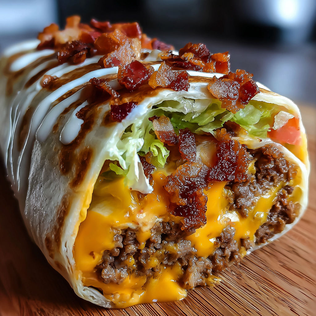A delicious burrito filled with meat, cheese, lettuce, and bacon, all covered in a cheesy sauce.