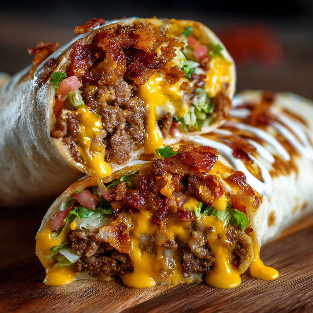 A delicious bacon and cheese burrito is served on a wooden table.