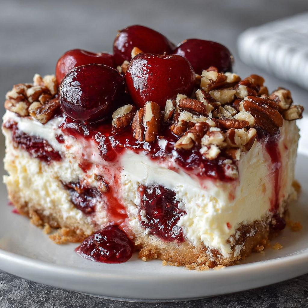 A slice of Cherry Pecan cake on a plate.