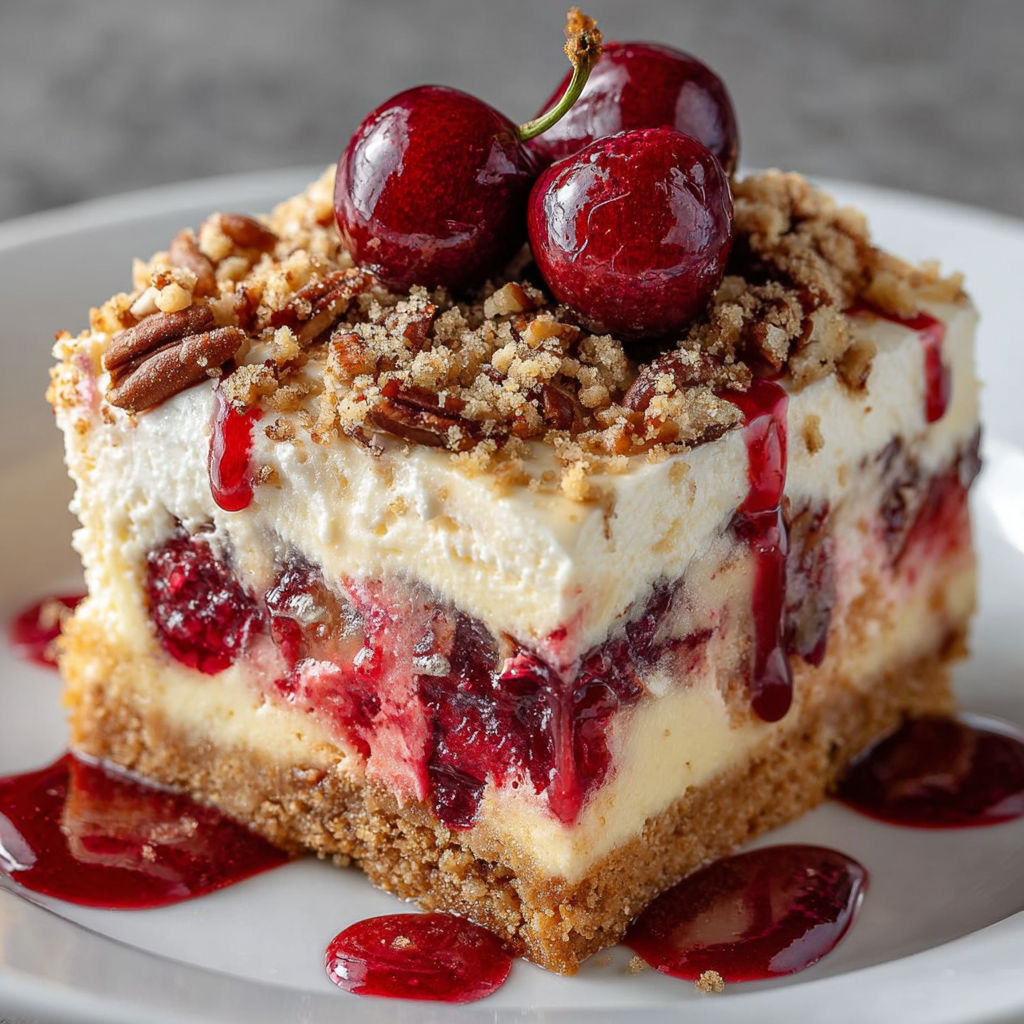 A slice of cherry cheesecake with a cherry on top.