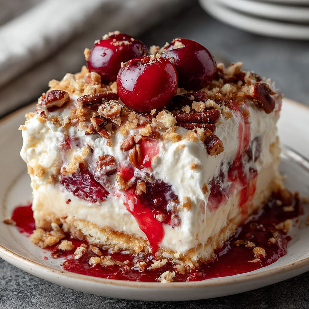 A slice of cake with strawberries and walnuts on top, served on a white plate.