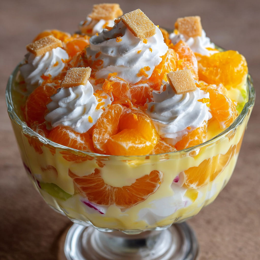 A bowl of orange dessert with white whipped cream and orange slices.