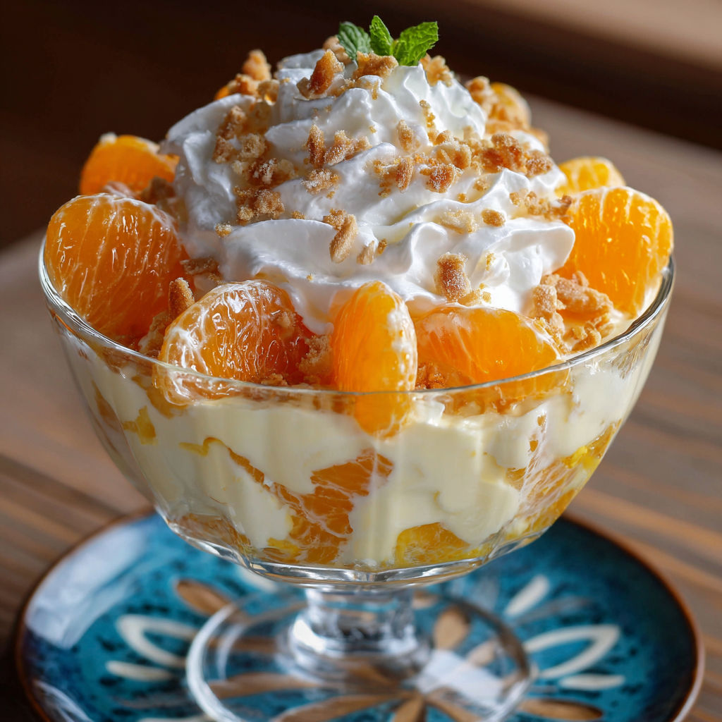 A bowl of orange dessert with white whipped cream and orange slices on top.