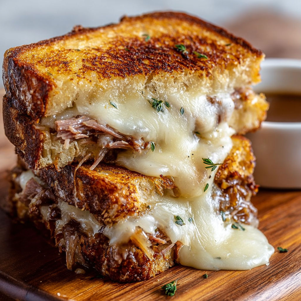 A French Dip sandwich is cut in half and served on a wooden cutting board.
