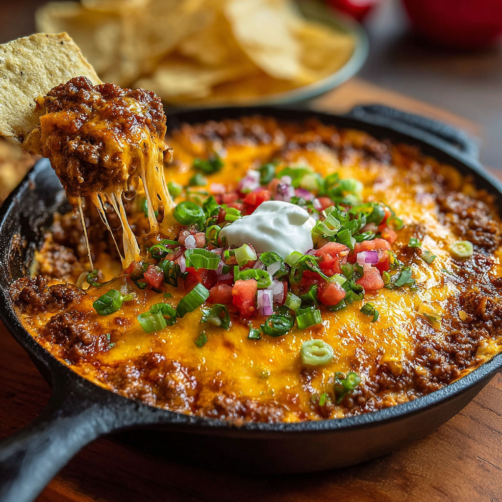A delicious chili cheese dip is being served in a black skillet, with a spoon being used to scoop it up.