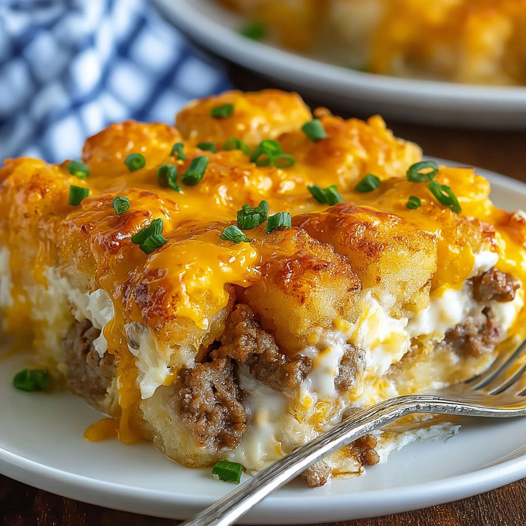 A delicious tater tot casserole with cheese and potatoes, served on a white plate.