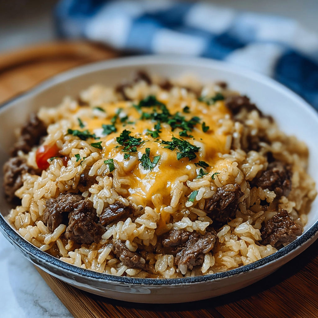 A bowl of rice with meat and cheese, topped with garlic butter.