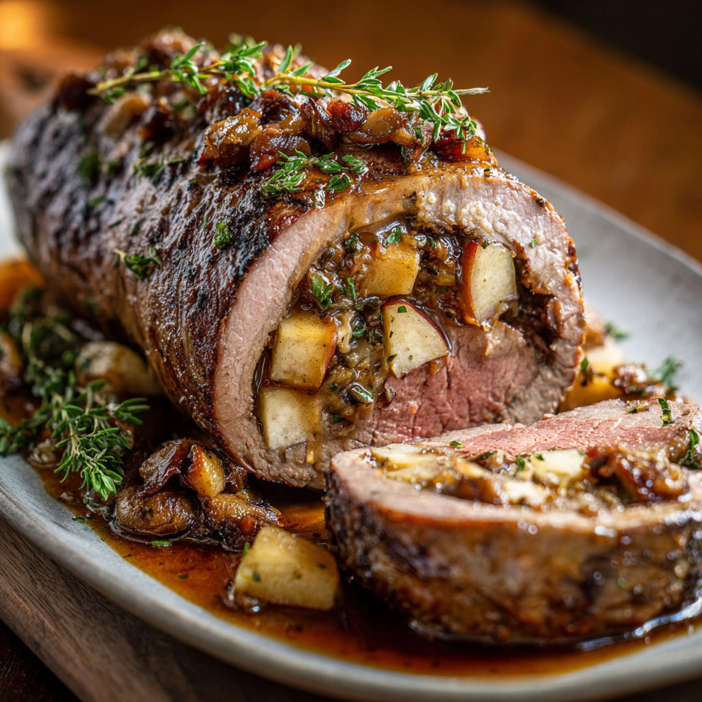 A delicious roast beef dinner with a side of mushrooms and apples.