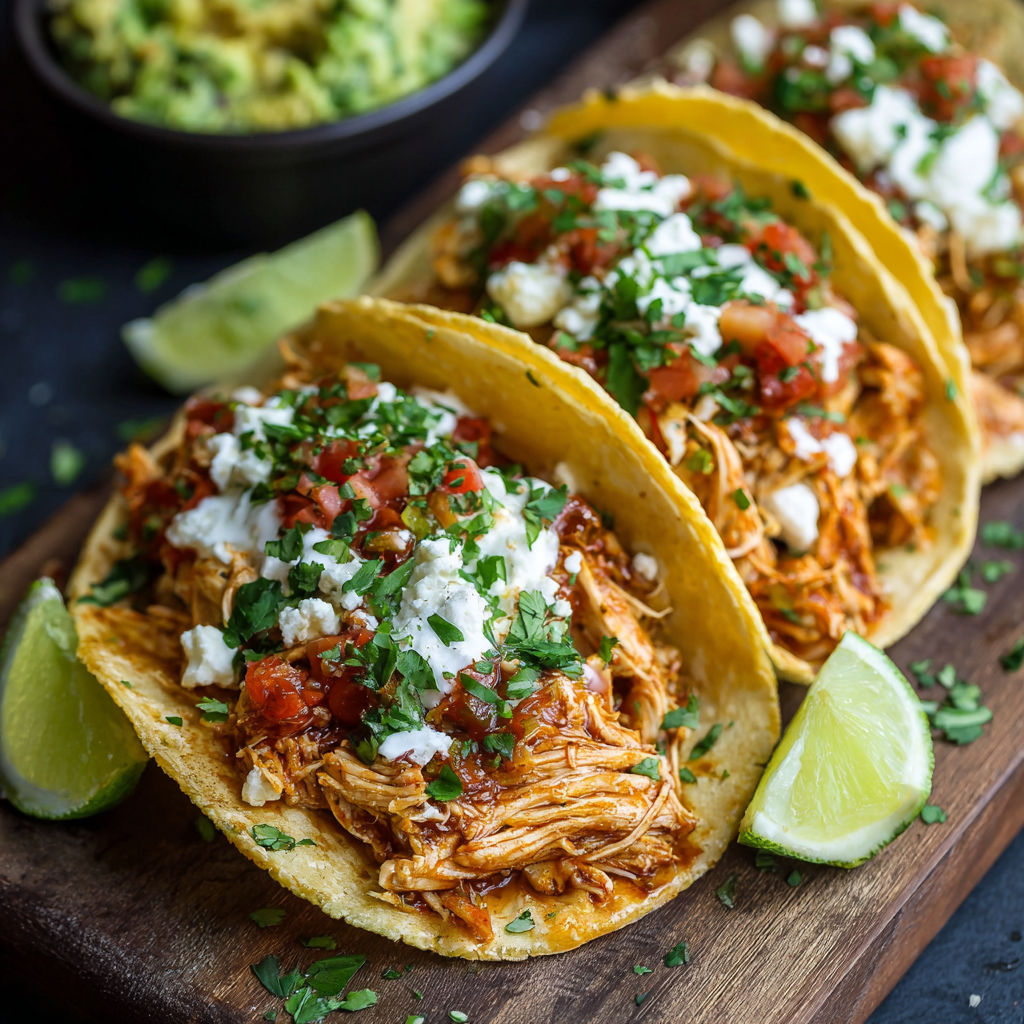 A delicious recipe for chicken tacos with a side of guacamole and sour cream.