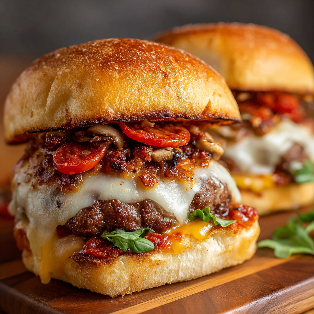 Two juicy pizza sandwiches with mushrooms, tomatoes, and cheese.