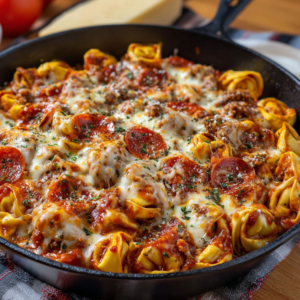 A delicious pasta dish with cheese and tomatoes, served in a black skillet.