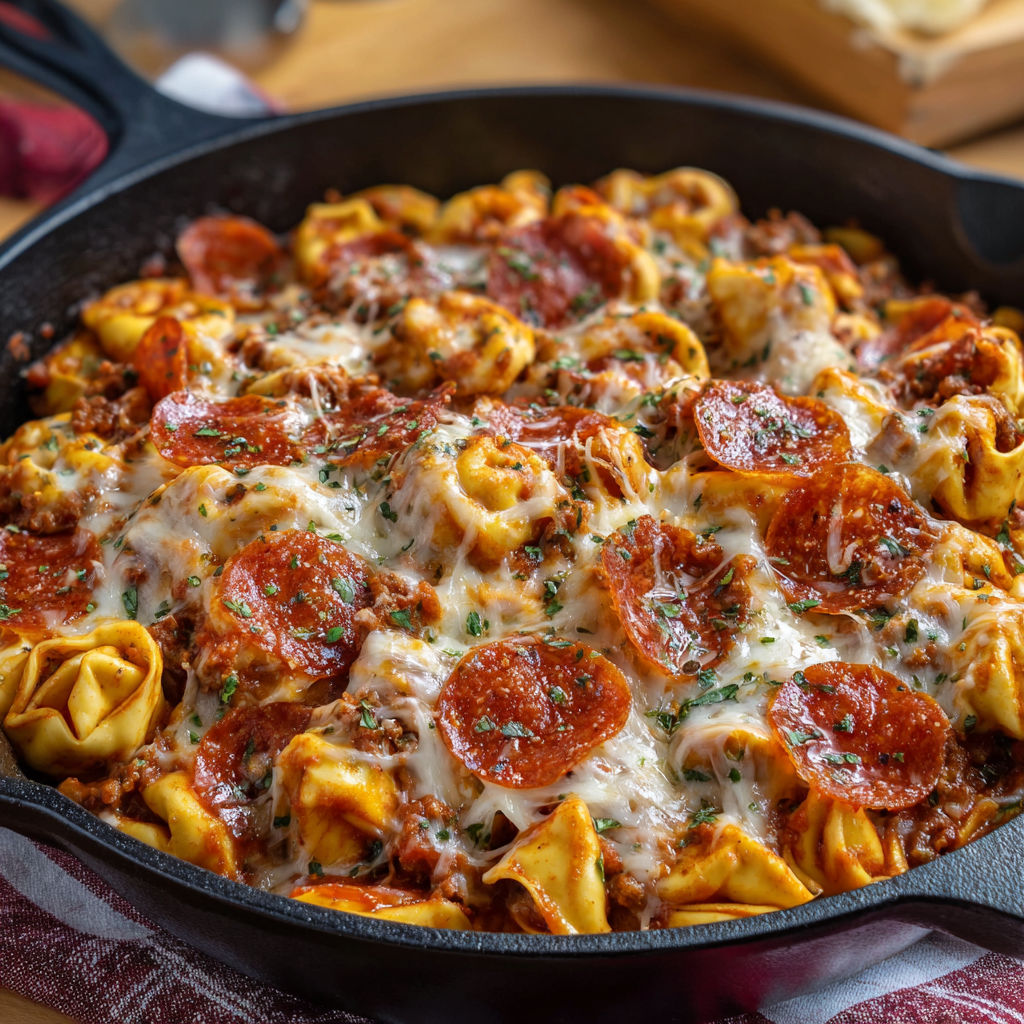 A delicious pasta dish with pepperoni and cheese, served in a cast iron skillet.