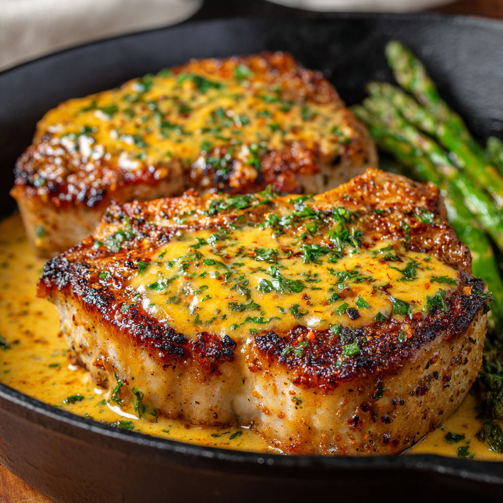 A delicious meal of grilled chicken with a creamy sauce and asparagus on the side.