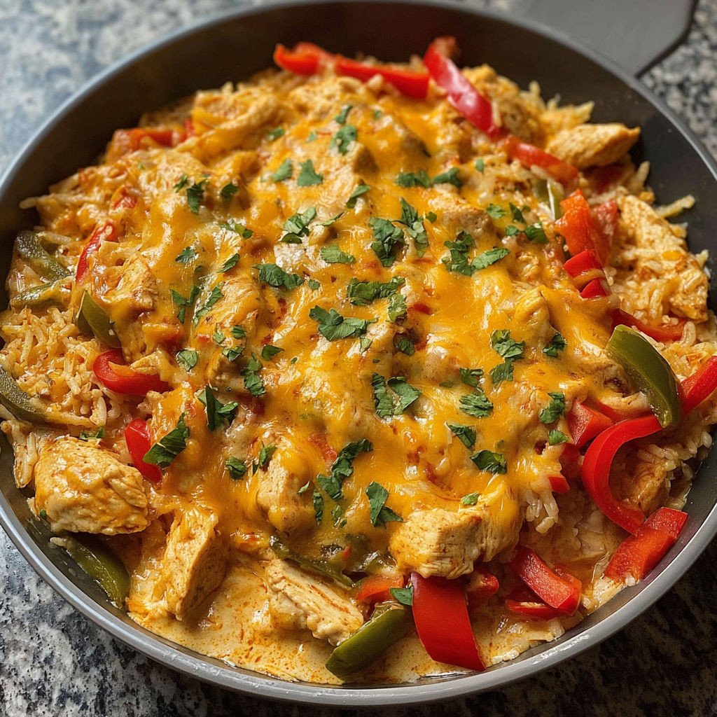 A bowl of Queso with chicken, peppers, and rice.